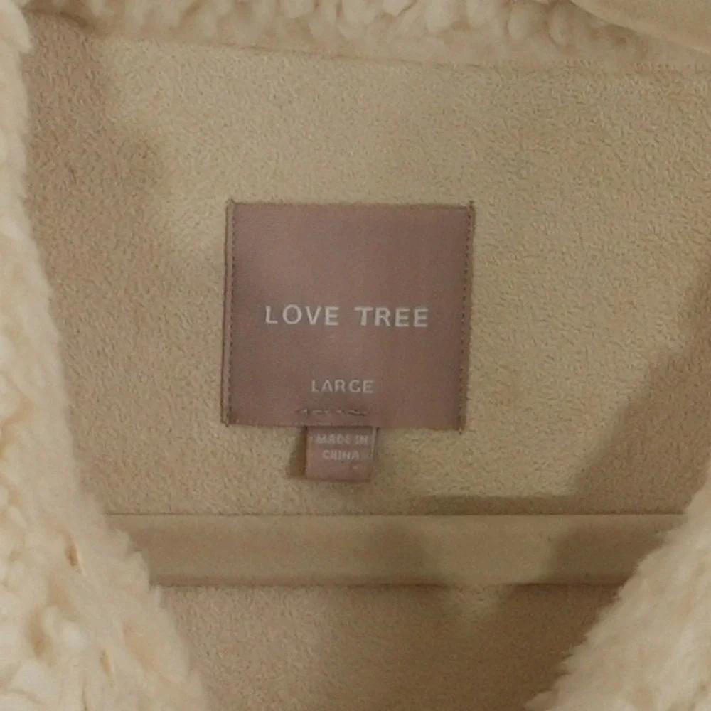 Love Tree Sherpa Trucker Jacket Women's Size Large Cream Cropped Faux Fur